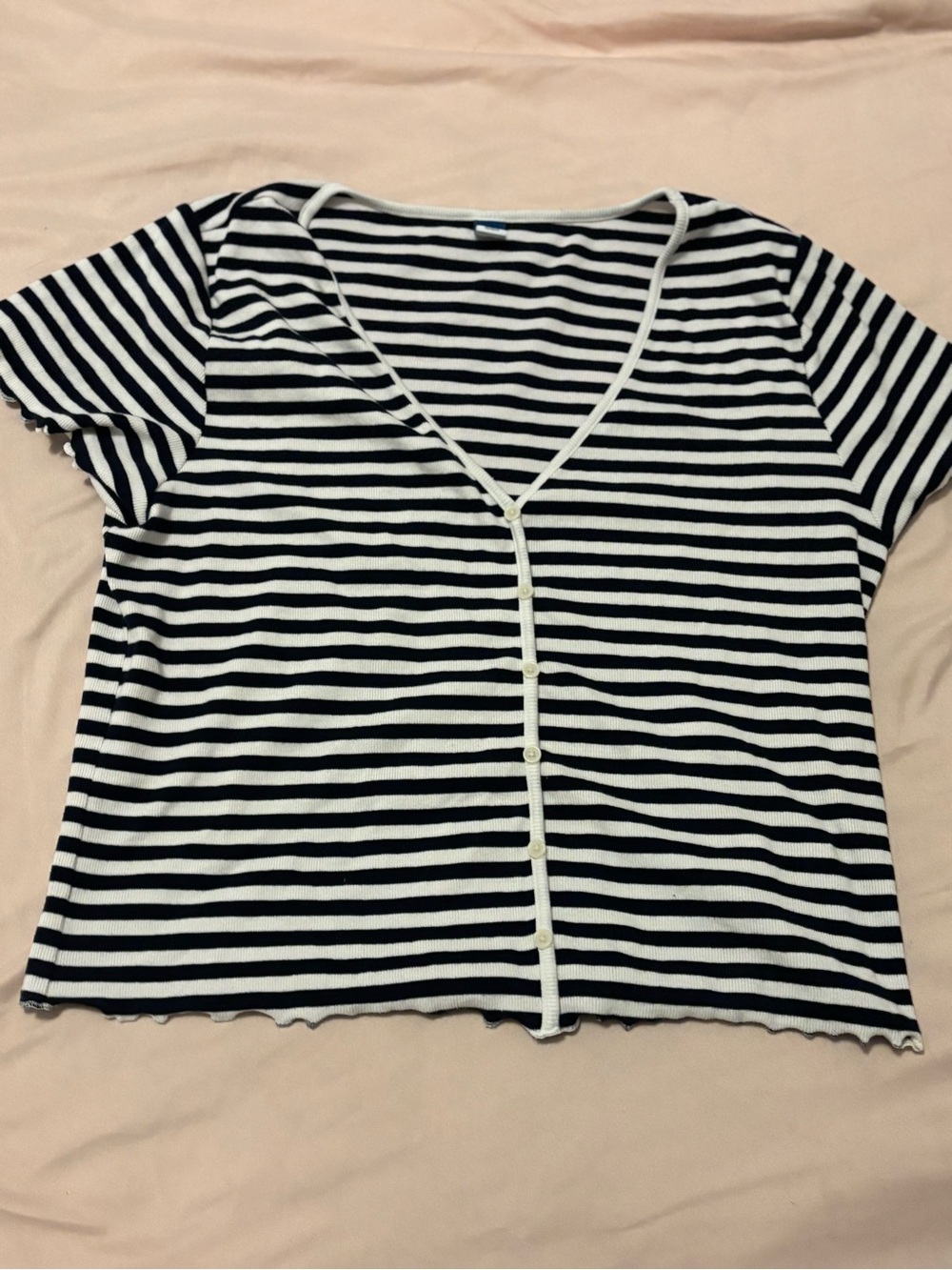 Old Navy Black and White Striped Short Sleeve Button-Front Tee